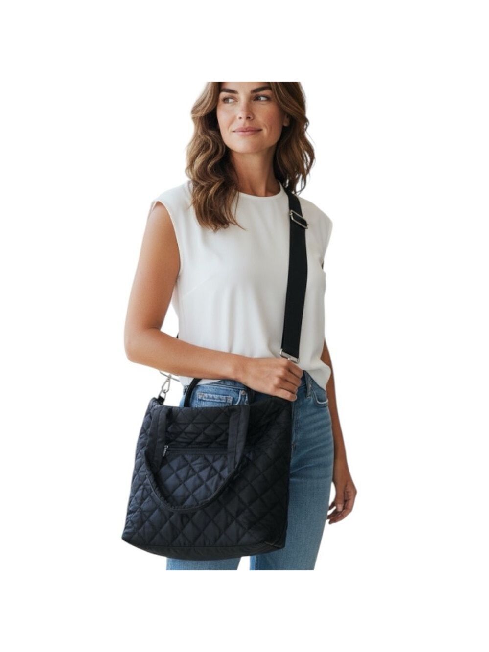 Ahdorned Quilted Nylon Tote with Crossbody Strap in Black
